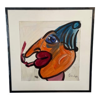 1980s Original Abstract Smoking Clown Painting Signed by Artist Peter Keil For Sale