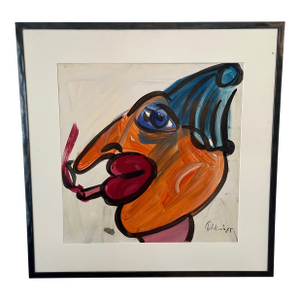 1980s Original Abstract Smoking Clown Painting Signed by Artist Peter Keil