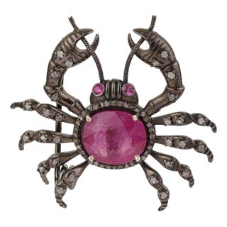6.4 Carat Ruby and Diamond Crab Brooch Pendant in Sterling Silver For Sale