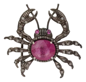 6.4 Carat Ruby and Diamond Crab Brooch Pendant in Sterling Silver