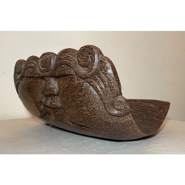 Asian Share Large Antique Heavy Black Palm Asian Wooden Figural Sculpture Centerpiece Stand For Sale - Image 3 of 14