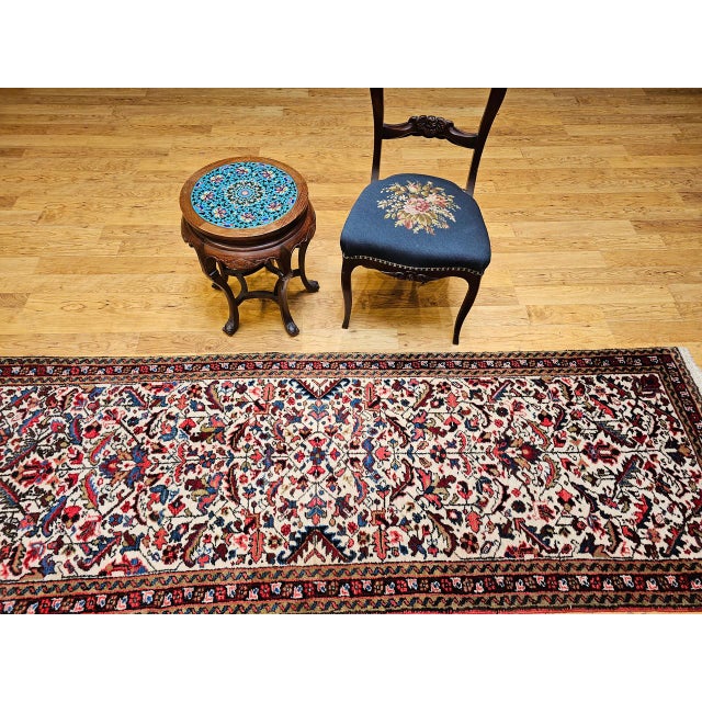 Persian Vintage Persian Heriz Runner Rug, Hand-Knotted Wool, Allover Geometric Pattern, Ivory & Red, 3x9 For Sale - Image 3 of 14