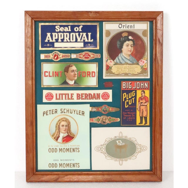 This collection features various framed cigar box labels and tobacco advertising ephemera, dating from the late 19th...