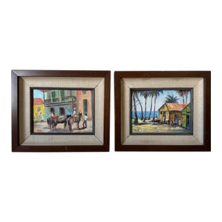 1970's Vintage Andrés Bueno Impressionist Puerto Rican Village & Coastal Landscape Paintings – Pair For Sale