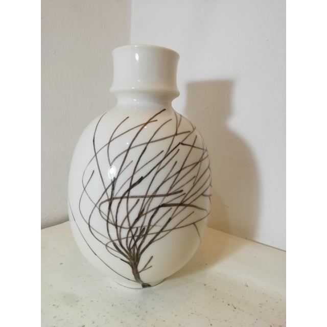Original vintage globular vase. Manufactured and designed by Ernestine Salerno. Decorated with a stylized tree, bush, or...