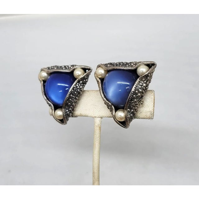 Mid-Century Modern Vintage 1950s Signed Napier Silvertone Blue Moonglow & Faux-Pearl Clip Earrings - 2 Pieces For Sale - Image 3 of 9