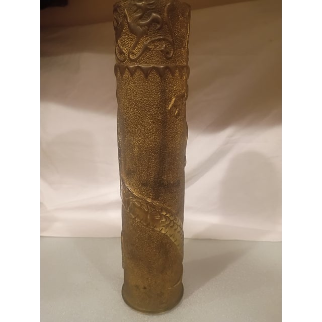 Antique Wwi 1917 French 75mm Brass Trench Art Shell - Hand-Hammered Dragon Relief For Sale In Seattle - Image 6 of 8