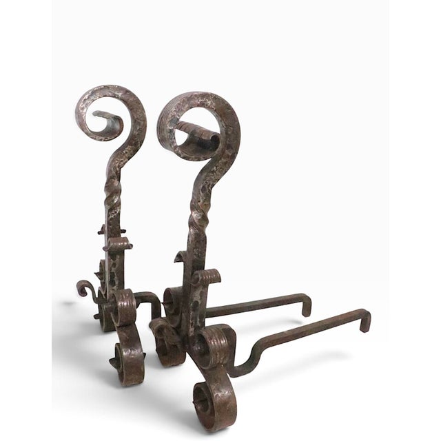 Spanish Revival Early 20th Century Pair of Hand Forged Arts and Crafts Iron Andirons For Sale - Image 3 of 7