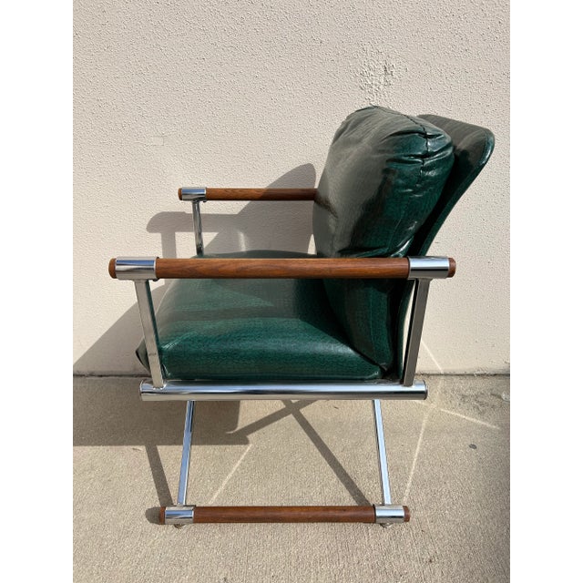 Wood 1970s Milo Baugman Style Chrome & Oak Directors Dining Chairs in Emerald Green Faux Leather - Set of 4 For Sale - Image 7 of 13