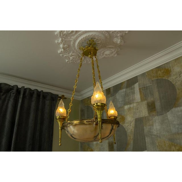 Beige Early 20th Century French Empire Alabaster, Glass, and Bronze Six-Light Chandelier, 1890s For Sale - Image 8 of 18