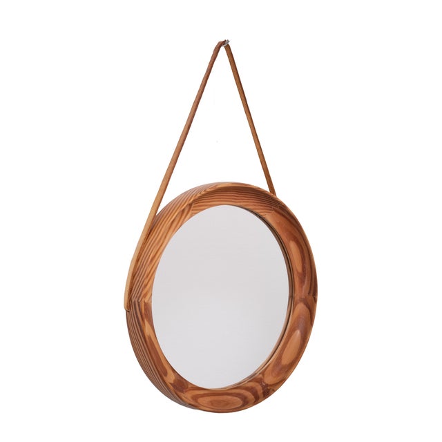 Mid-Century Modern Round Pine Wall Mirror by Uno & Östen Kristiansson, Sweden, 1960s For Sale - Image 3 of 9