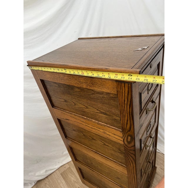Vintage Tiger Oak File Cabinet Four Drawers One Locks Paneled Sides Legal SIze For Sale - Image 11 of 12