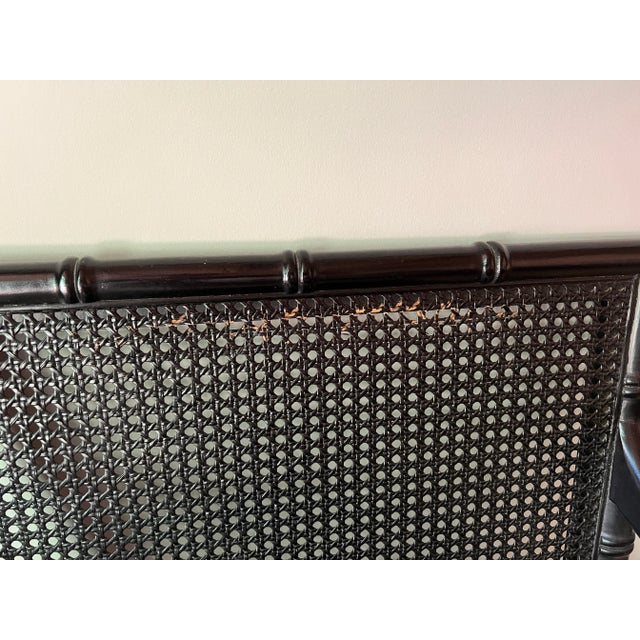 Pair, Regency Style Ebonized Faux Bamboo, Leather & Cane Back Armchairs For Sale - Image 4 of 9