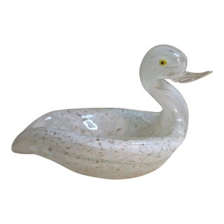 Vintage MCM Murano Art Glass Swan Figurine Bowl Candy Dish W Gold Flecks For Sale