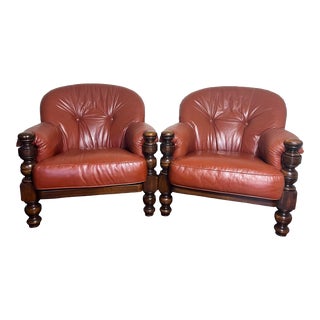 Mid-20th Century Belgium Wood Framed Leather Arm Chairs - a Pair For Sale