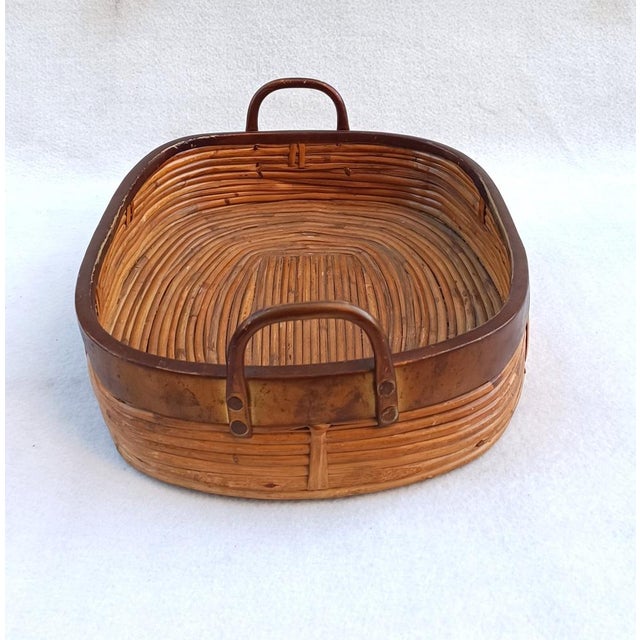 Rattan Basket with Brass Edge Handles, 1970s For Sale - Image 3 of 9
