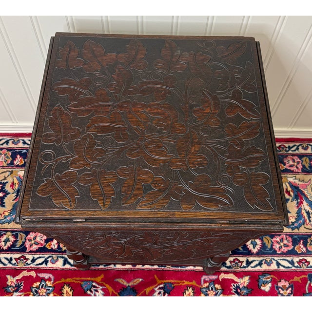 Antique English Cloverleaf Side Table Carved Top Lower Gallery Oak C. 1900 For Sale - Image 9 of 15