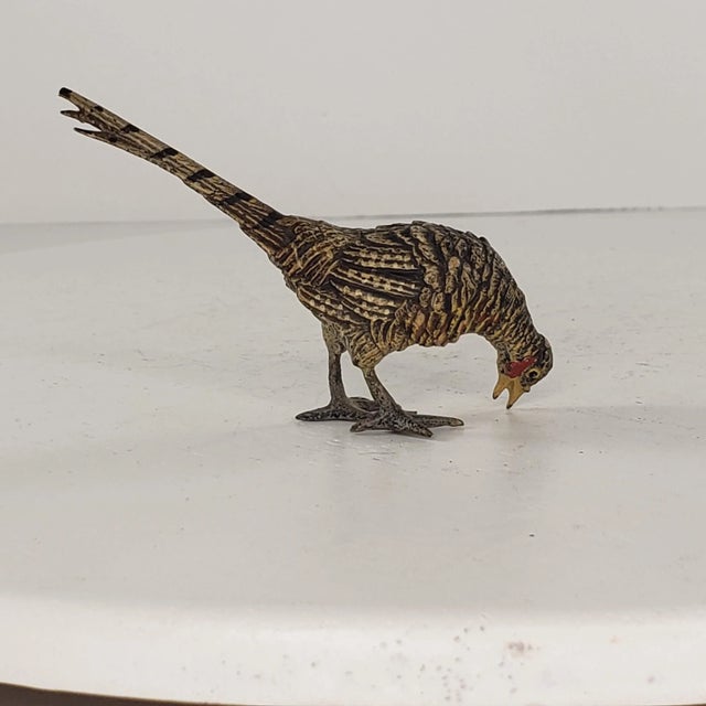 Vintage Mid 20th Century Austria Bronze Cold Painted Ring-Necked Pheasant Miniature Figurines - a Pair For Sale - Image 10 of 13