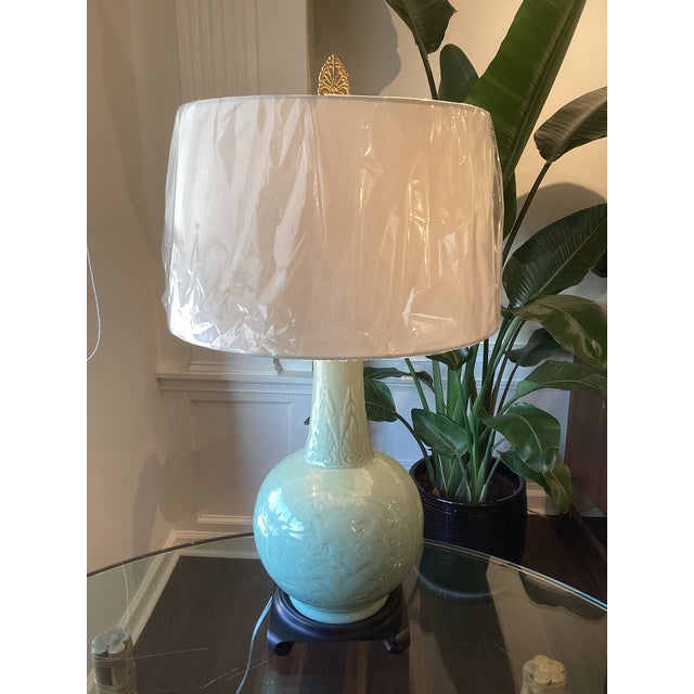Late 20th Century Late 20th Century Celadon Embossed Dragon Porcelain Table Lamp, Newly Rewired With Custom Linen Drum Shade For Sale - Image 5 of 7