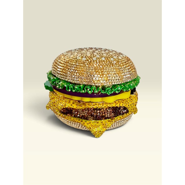 2020s 21c Judith Leiber Cheese hamBurger Crystal Gold Minaudiere Evening Clutch Shoulder Bag For Sale - Image 5 of 16