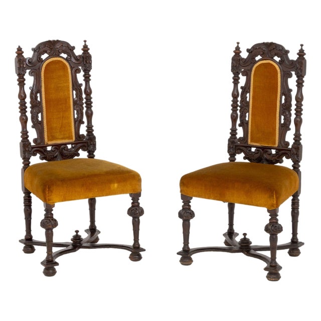 Pair of Jacobean Style Carved Mahogany Side Chairs For Sale