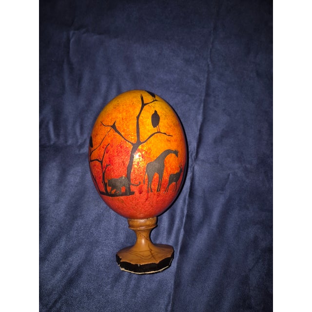 Hand-Painted African Ostrich Eggshell Mounted on a Wooden Pedestal For Sale - Image 4 of 6
