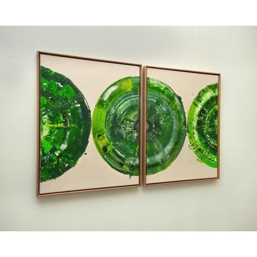 Contemporary Bernhard Lang, Green Circle Diptych II, Painting on Canvas, Framed, Set of 2 For Sale - Image 3 of 13