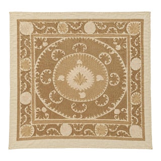 Neutral Tan Cotton Suzani Square Medallion Wall Decor For Sale