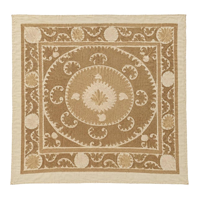 Neutral Tan Cotton Suzani Square Medallion Wall Decor For Sale