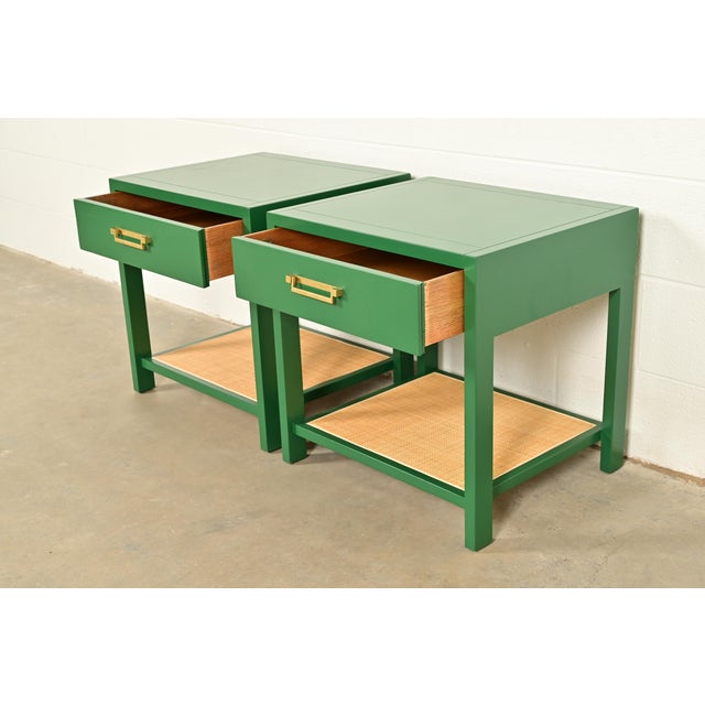 Michael Taylor for Baker Furniture Mid-Century Hollywood Regency Green Lacquer and Cane Campaign Nightstands, Newly Refinished For Sale In South Bend - Image 6 of 15
