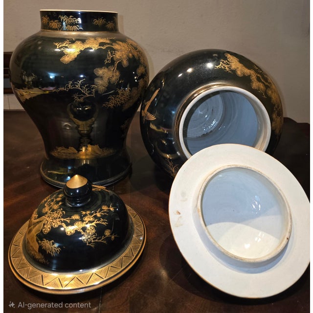 Pair of Mirror Black Ginger Jars For Sale - Image 4 of 5