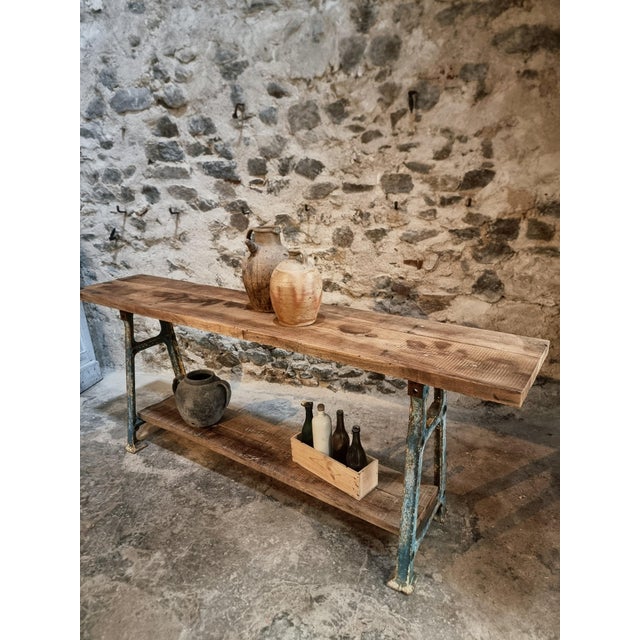 Blue Large Mid-Century Industrial Kitchen Island or Worktable with Cast Iron Base, France, 1940s For Sale - Image 8 of 18