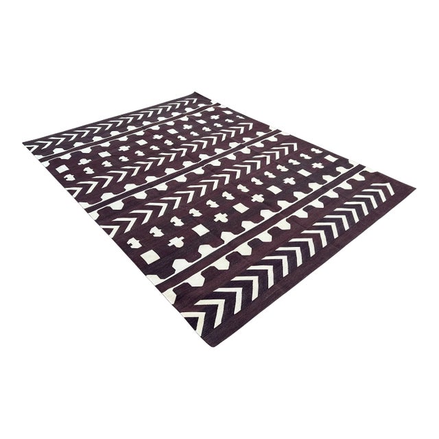 Handmade Cotton Area Rug, Natural Vegetable Dyed, Brown & Cream Geometric Dhurrie-9'x12' For Sale