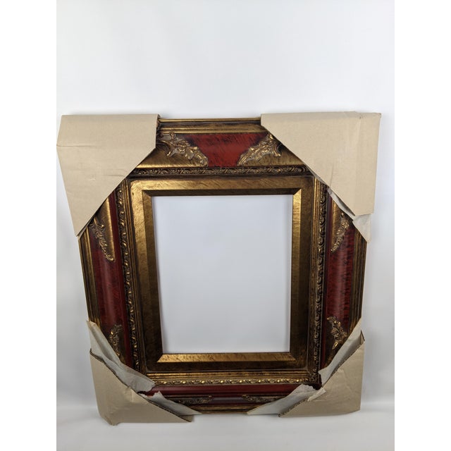 Ornate Red and Antique Gold Gilt Wood Picture Frame With Baroque-Style Relief For Sale - Image 9 of 12