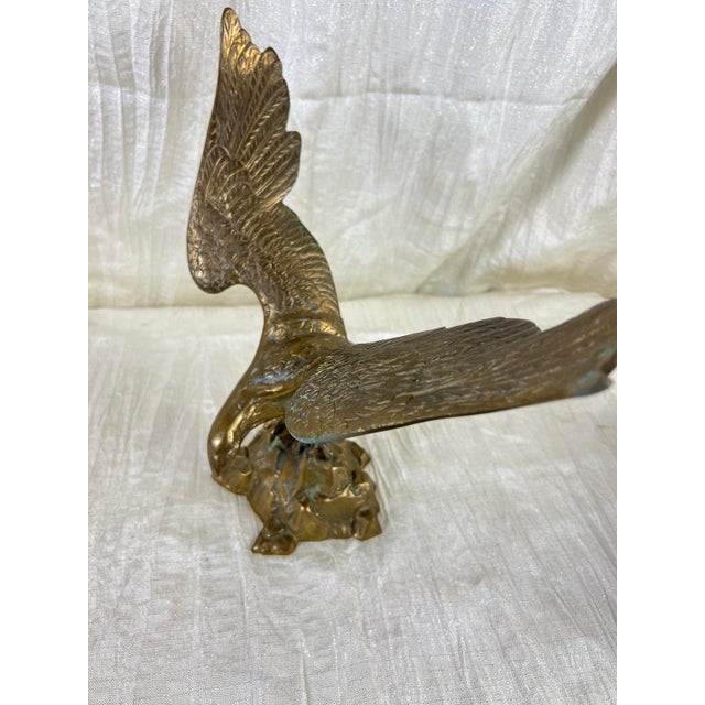 American Vintage Solid Cast Brass Eagle Sculpture on Rocky Outcrop, 12” Tall For Sale - Image 3 of 9