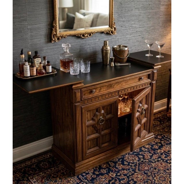 Traditional Vintage Carved Wooden Bar Cabinet With Drop-Leaf Extensions. For Sale - Image 3 of 12