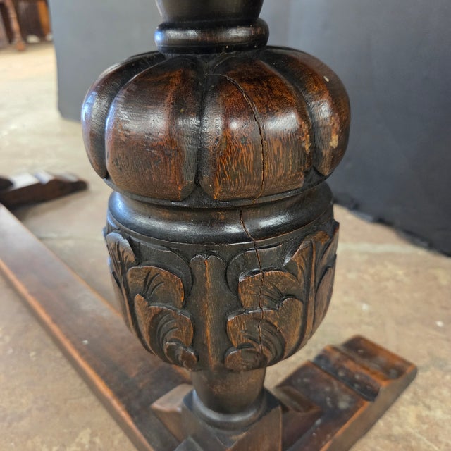 Wood Early 20th Century English Solid Oak Refectory Table With H-Stretcher Base and Bulbous Turned Legs For Sale - Image 7 of 11
