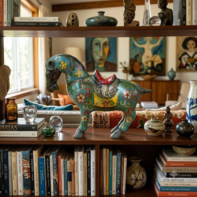 Vintage Chinese Turquoise Blue Flower Cloisonné Enamel Horse Statue For Sale - Image 10 of 13