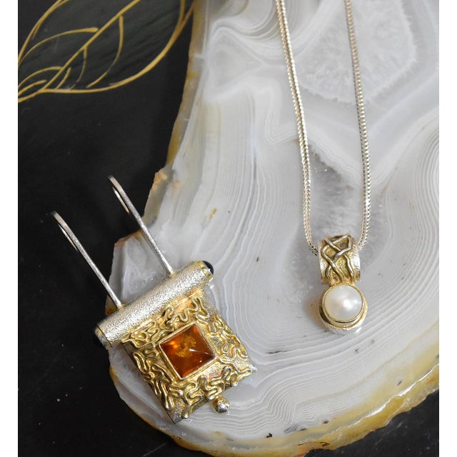 Late 20th Century Artisan Sterling Silver Amber Pearl Pendant Necklace For Sale - Image 12 of 14