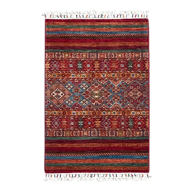 Vintage Tribal Kilim Rug – Handwoven Wool, 5x6 Ft, Red & Multicolor Pattern For Sale