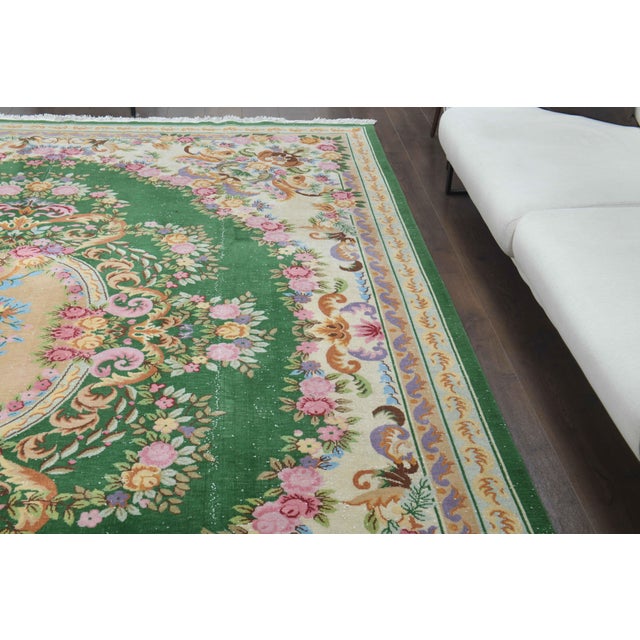 1970s Vintage Persian Handmade Wool Cotton Green Area Rug For Sale - Image 4 of 11