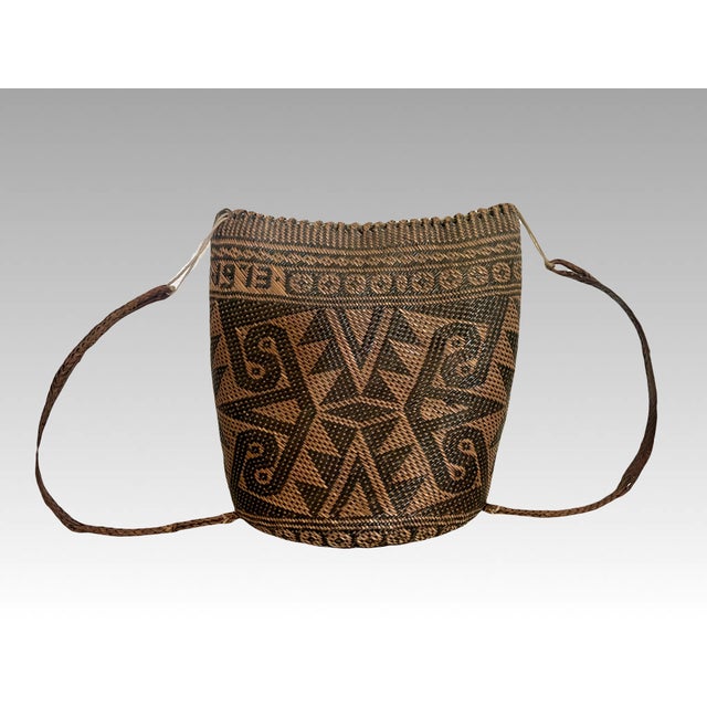 1973 Hand Woven Rattan Basket, Tote, Backpack, Borneo - Indonesia, Signed and Dated For Sale - Image 4 of 14