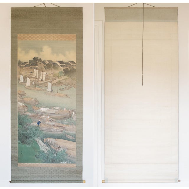 XXL "Fishing Village" by Yoshika, Taisho Japanese Silk Scroll Painting, in Original Wooden Case For Sale - Image 17 of 18