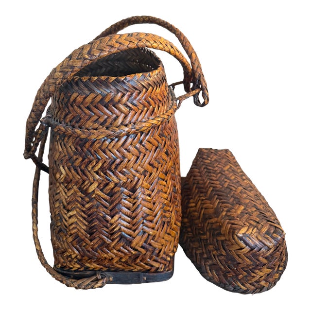 Vintage Asian Woven Rattan Bamboo Rice Traditional Harvest Basket Wicker Backpack For Sale