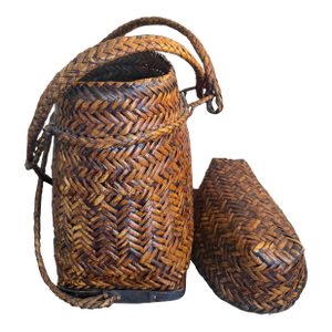 Vintage Asian Woven Rattan Bamboo Rice Traditional Harvest Basket Wicker Backpack
