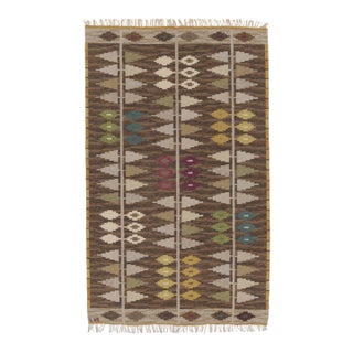 Vintage Swedish Kilim With All-Over Geometric Play in Earthy Tones - Rug & Kilim For Sale