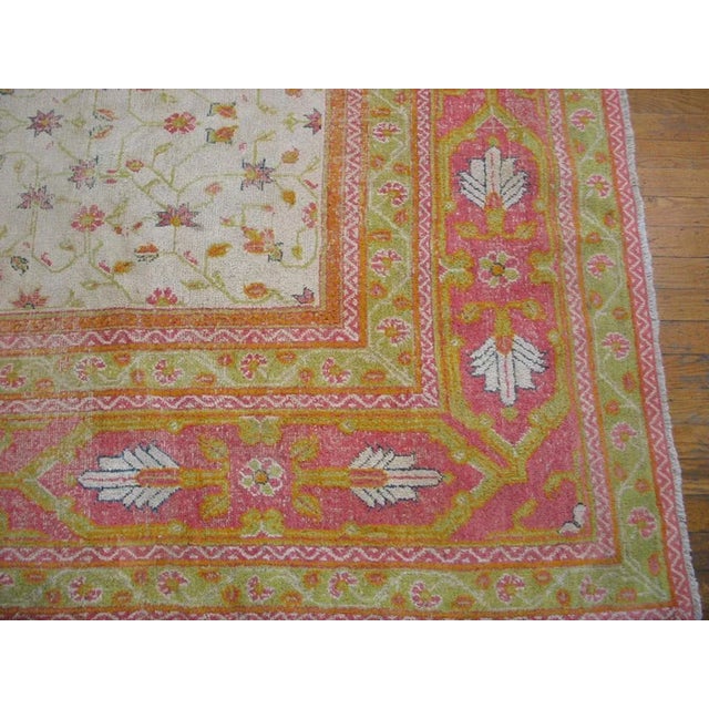 1900 - 1909 Pretty Yellow Color and Pink Border Doubled Palmettes Floral Design Antique Indian Agra Rug For Sale - Image 5 of 5