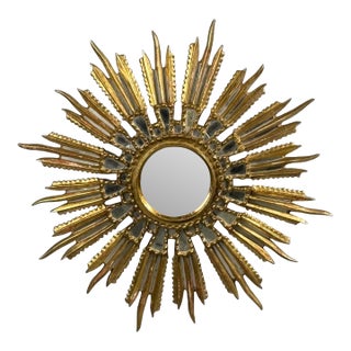 Line Vautrin Style, Sunburst Mirror, Clayed Gilt, Mirror, France, 1960s For Sale