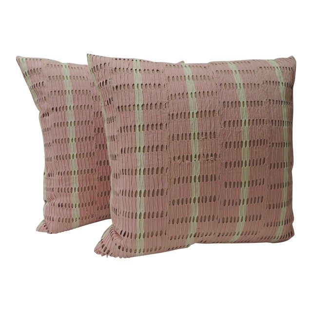 Vintage Hot Pink and Natural Strip-Woven Yoruba African Square Decorative Pillows - A Pair For Sale