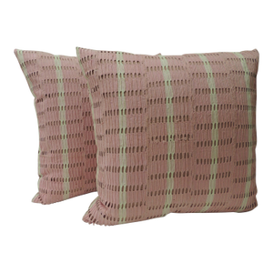 Vintage Hot Pink and Natural Strip-Woven Yoruba African Square Decorative Pillows - A Pair